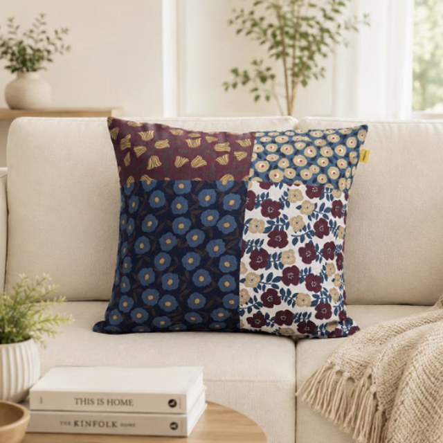 Deep Autumn Floral Patchwork pillow cover in navy, burgundy and gold