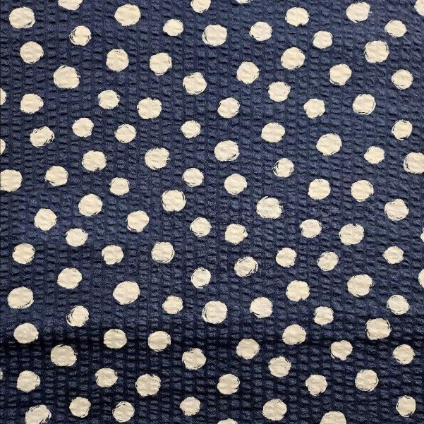Navy cotton seersucker with hand-painted cream dots